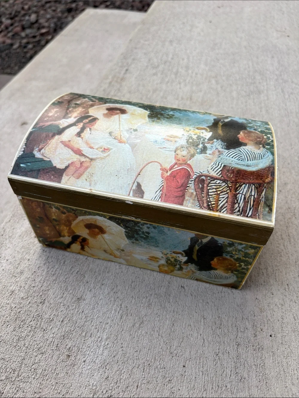 VTG Wood Trinket Box The Arbour Painting Print Victorian Cottagecore